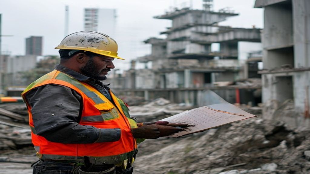 Engenheiro de obras revisando lista de colaboradores em canteiro de prédio em Curitiba