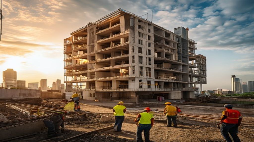 Trabalhadores em obra predial de concreto armado com múltiplos andares em Curitiba, representando crescimento do setor em 2026