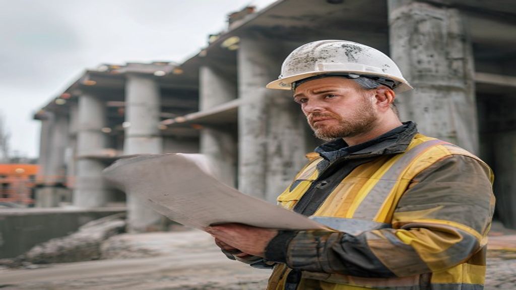 Engenheiro avaliando estrutura de prédio incompleta em obra parada em Curitiba