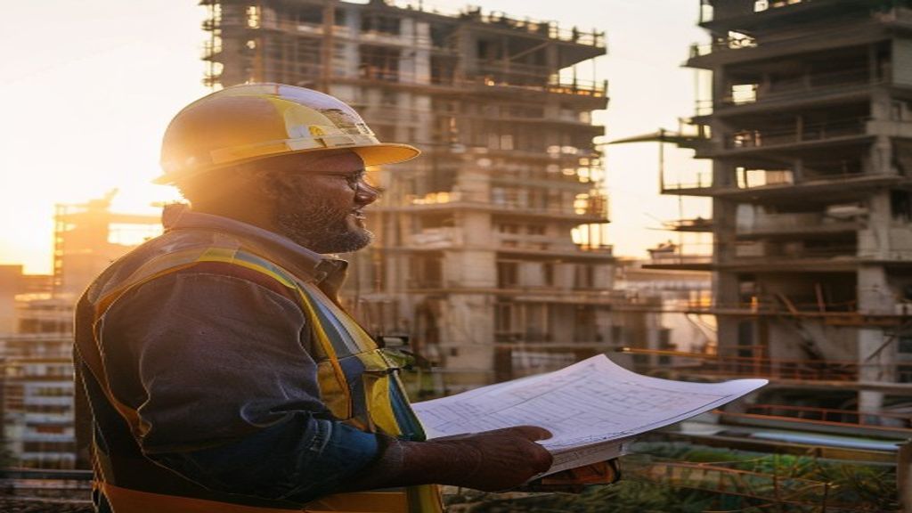 Engenheiro de obra analisando cronograma em canteiro de prédio em estrutura, luz de fim de tarde, Curitiba