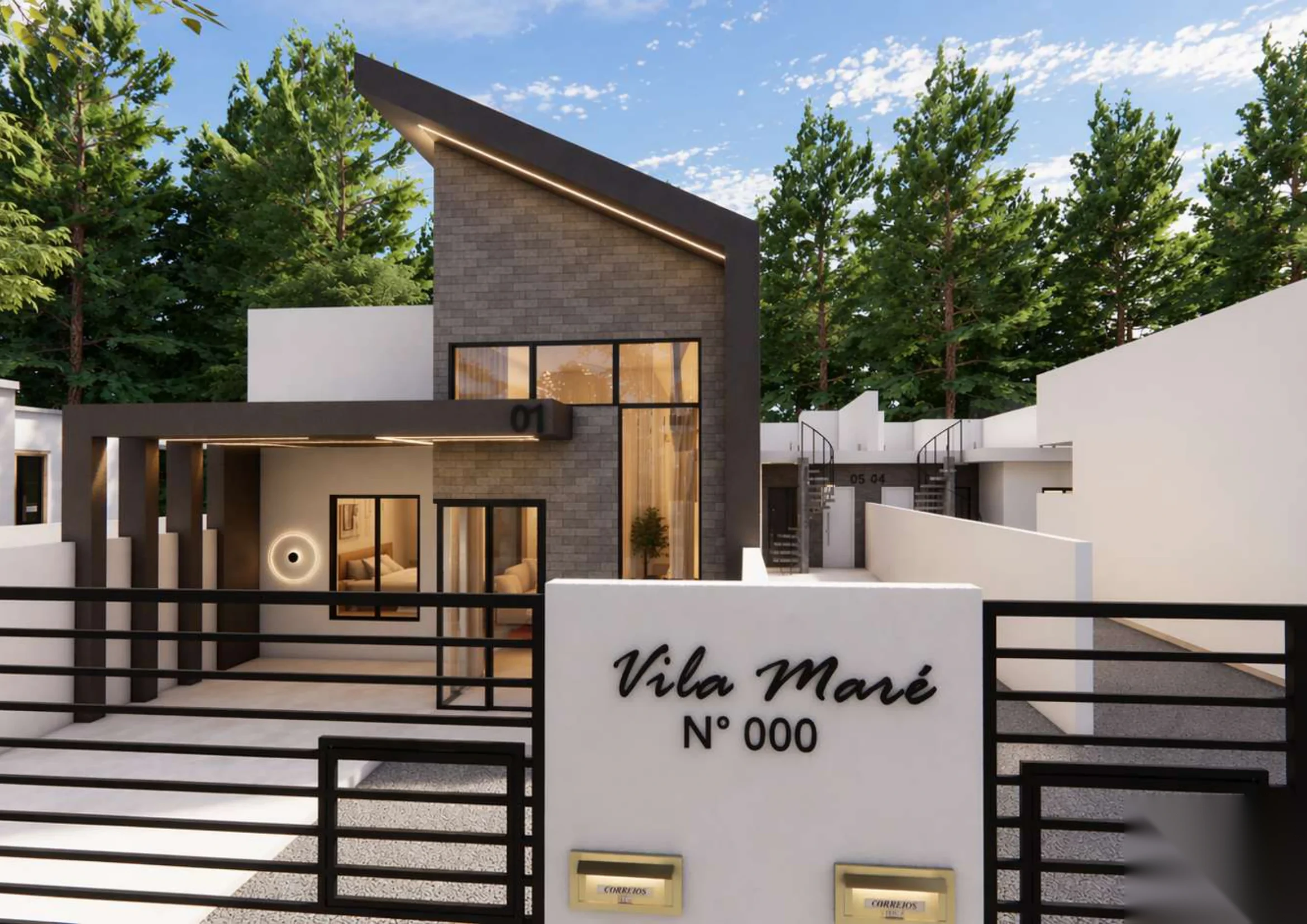 Villa Maré — render da casa 01 com brick marrom e iluminação noturna