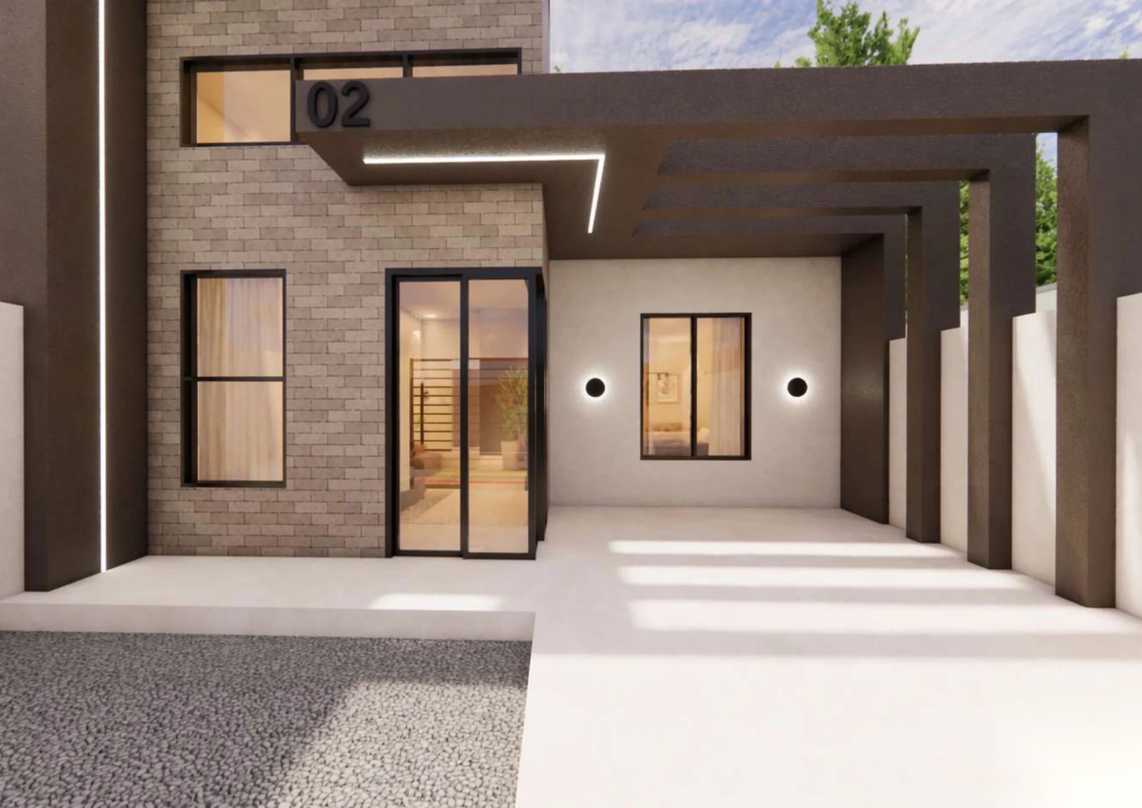 Casa 02 — entrada com pergolado e iluminação noturna