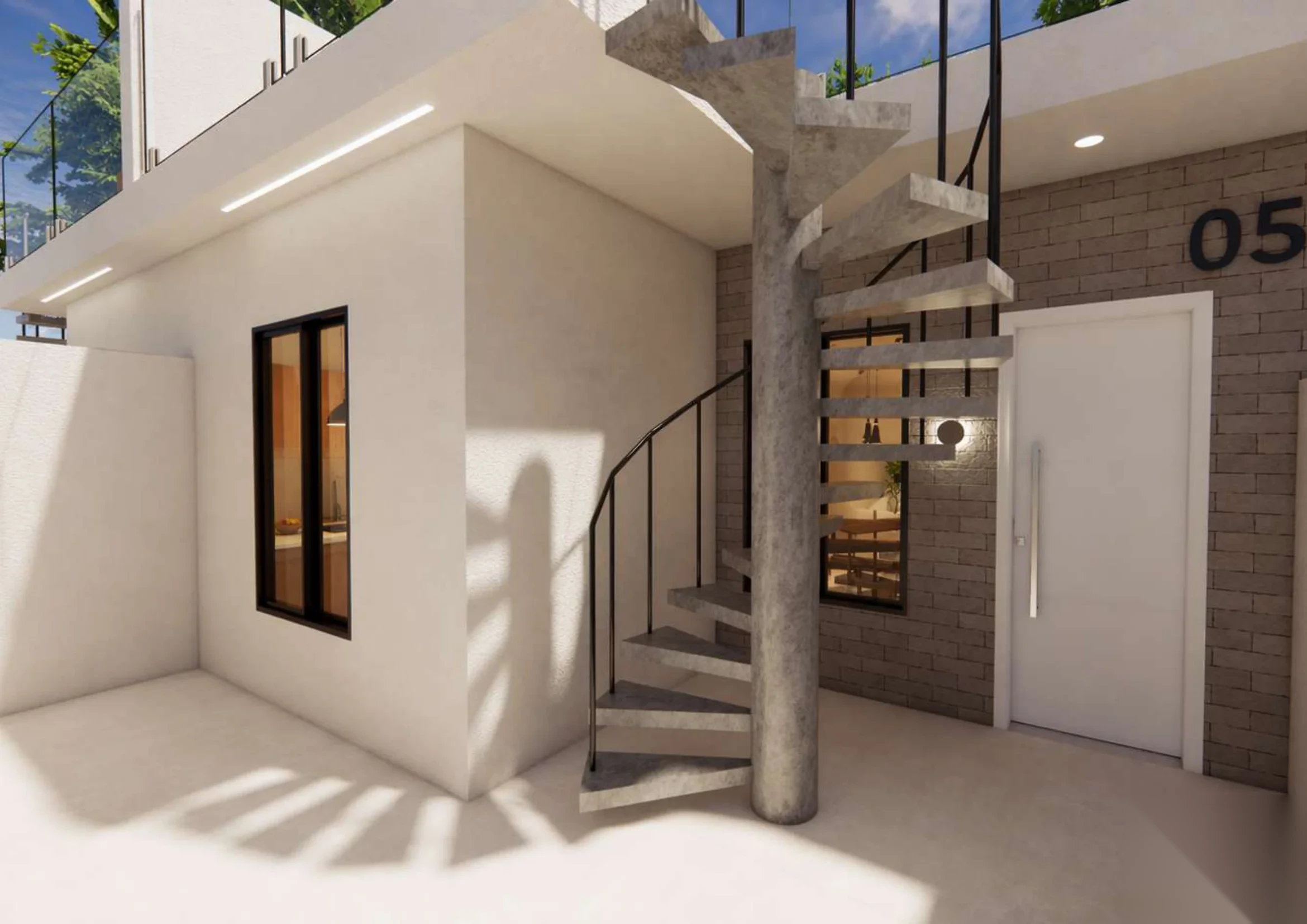 Casa 05 — detalhe da escada caracol em concreto